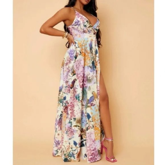 Floral open back slit thigh Maxi Dress shabby chic - Picture 4 of 10